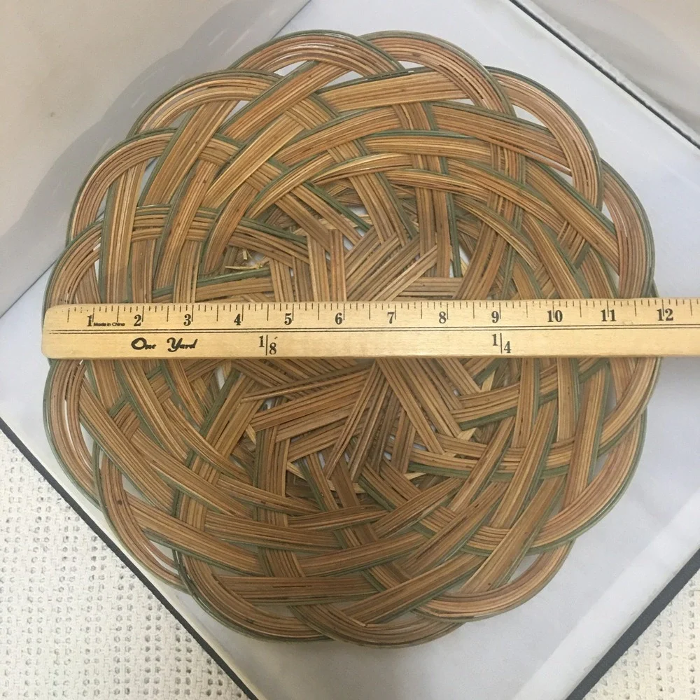 Woven Wicker Basket Bowl Unisex 11.5in Brown Green Boho Decor Cottagecore